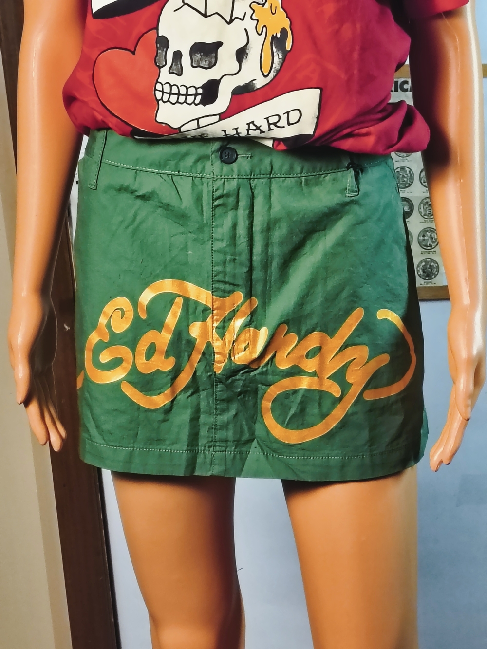 Vintage Ed Hardy Love Kills Slowly Mini Skirt XL Olive Green Y2K NWT